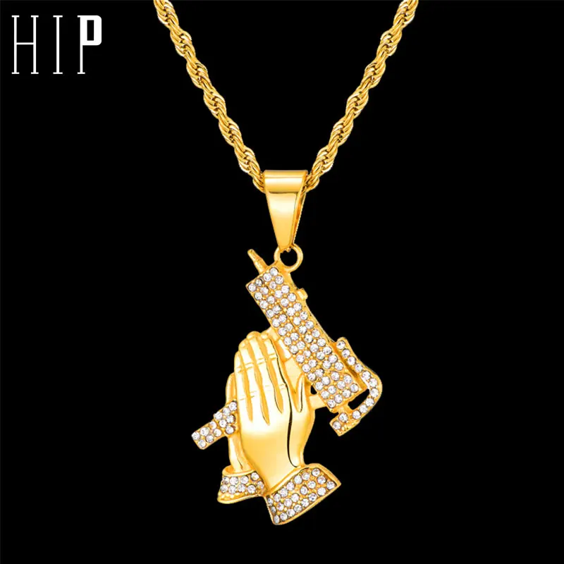 

HIP Hop Bling Rhinestone Pendant Necklace Gold Color Stainless Steel Prayer Hand Shape Necklaces & Pendants For Men Jewelry