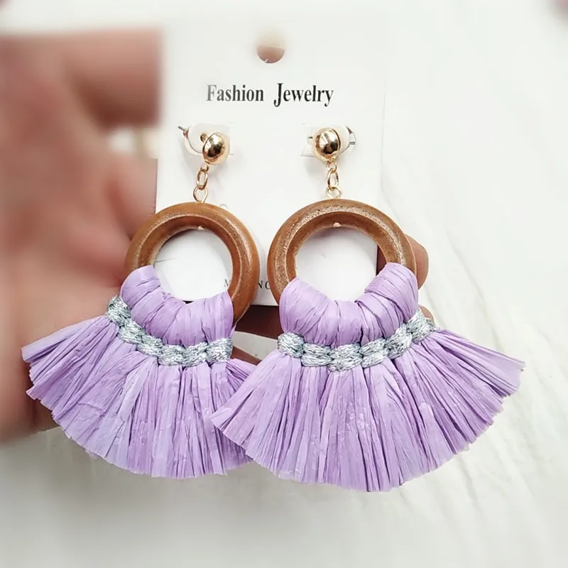 Handmade Exaggeration Fashion Braided Lafite Weaving Tassel Big Earrings Bohemian Style Wedding Party Jewelry Gift ET55 (2)