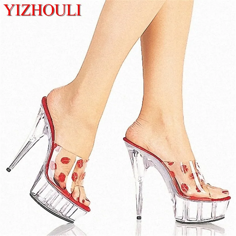 

15cm Open Toe Shoe Gladiator Style Sandals Women's Shoes 6 Inch High Heel Slippers Women Summer Crystal Sandals Lips Print Shoes