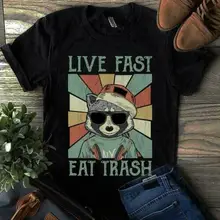 Vintage Raccoon Live Fast Eat basura hombres camiseta algodón negro S 4Xl