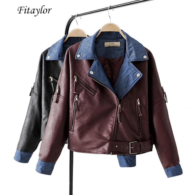 

Fitaylor Women Faux Soft Leather Denim Patchwork Pu Jacket Coats Motorcycle Zipper Turndown Collar Loose Streetwear Outerwear