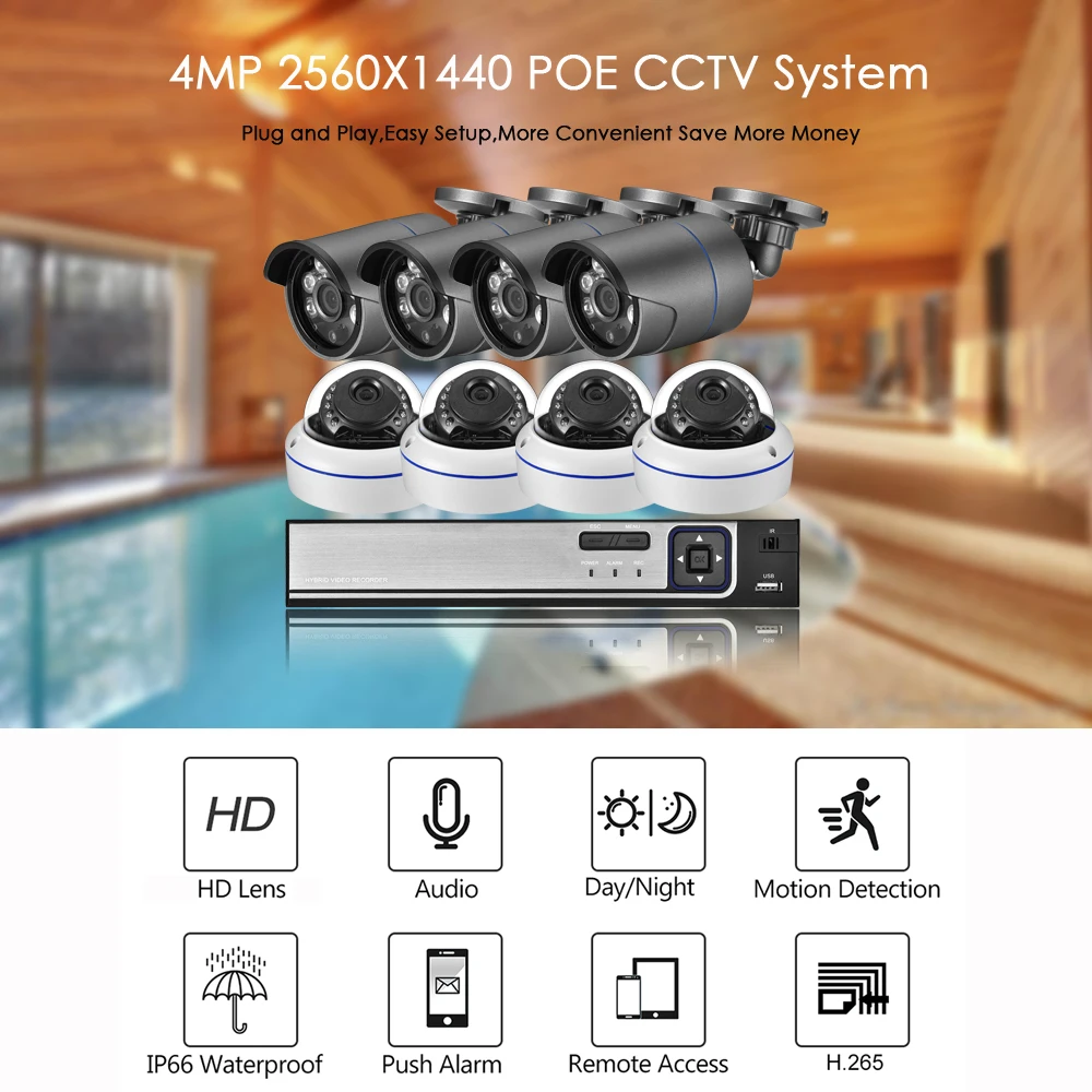  Gadinan 8CH 4MP POE Security Camera System Kit H.265 4MP Audio IP Camera IR Outdoor Waterproof CCTV