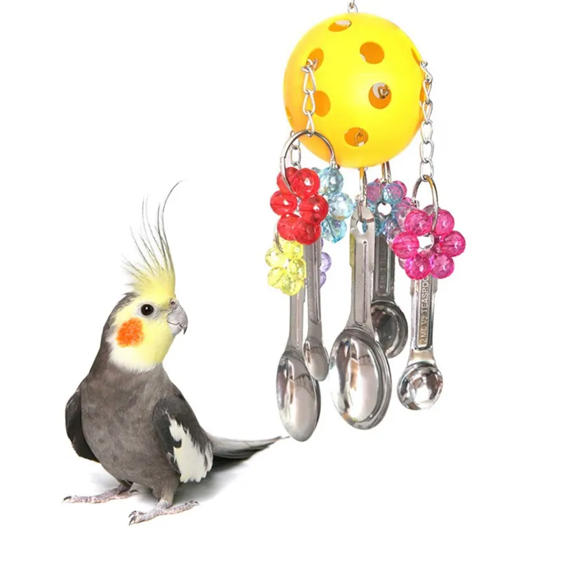 

Funny Parrot Bite Chewing Toys Stainless Steel Spoon Birds Toys With Plastic Ball Safe Non-toxic Pet Bird Toys