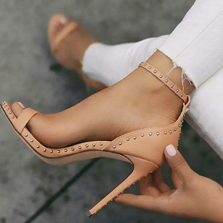 Women Leather Rivet High Heels Female Shoes Sexy Ankle Summer Shoes Peep Toe women pumps Sandal sandalia feminina D048
