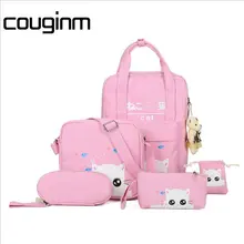 

COUGINM 5Pcs of Set Women Canvas School Bag Casual Bag Pack Animal Printing Backpack Cute Cat Backpacks Picnic Rucksack For Girl