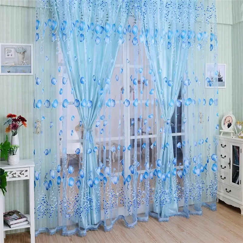 

1PC 1M*2M Window Curtains Sheer Voile Tulle for Bedroom Living Room Balcony Kitchen Printed Tulip Pattern Sun-shading Curtain