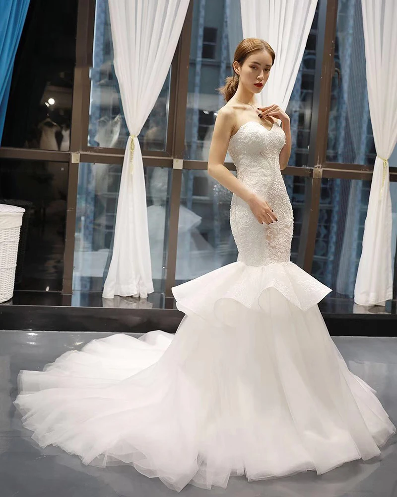 J66765 jancember 2020 mermaid wedding dress with long train illusion strapless appliques white lace bridal gowns suknie slubne 4