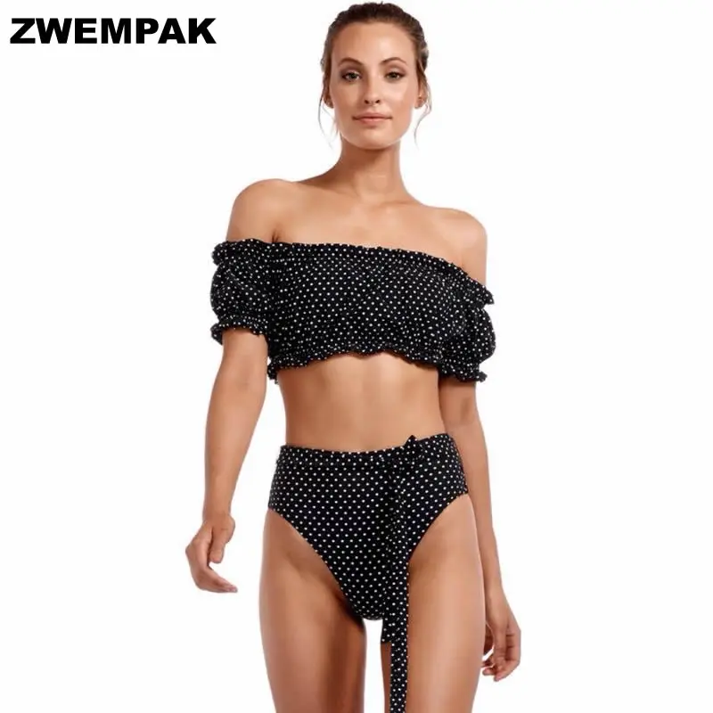 

Summer Retro Bikinis Set Dots Black & White Printed Ruffle Off The Shoulder Bikini Top High Waisted Swimsuit Bottoms New Biquini