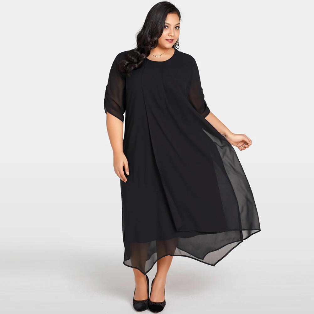 New Plus Size Women Chiffon Dress Asymmetric Hem Solid Casual Loose ...