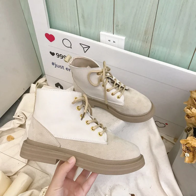 

Patchwork Suede leather motorcycle botines lace-up platform ankle boots women retro low heels flat chelsea botas shoes woman2019