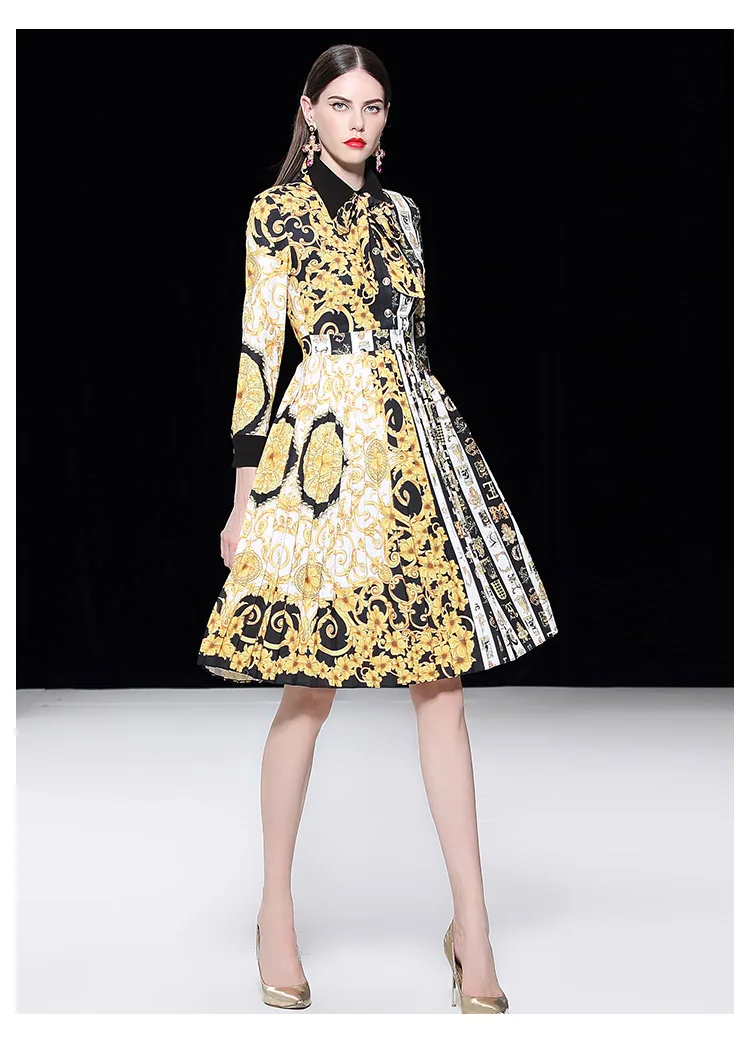 Arc Mode Neck De Grand Robe Pour Plissée Piste Turn Manches Style down Baroque Robes La Rue Partie Patchwork Pleine 87xqPE