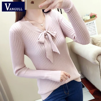 

VANGULL 2019 Spring Autumn New Women Knitted Slim Sweaters short Solid Bow V-Neck Long Sleeve Pullovers Thin women Knit Sweater