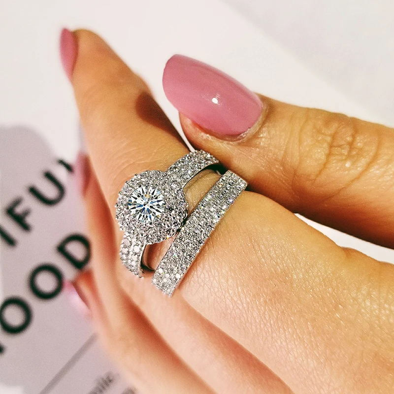 2019 new luxury round 925 sterling silver wedding ring set for women lady anniversary gift