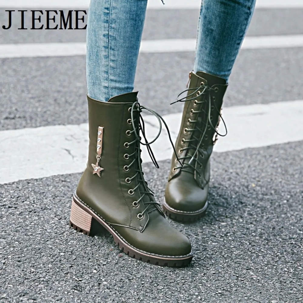 

2018 New arrival Fashion Green Black Mid-calf Round Toe Zipper Med heels Square heels Women Boots Big size