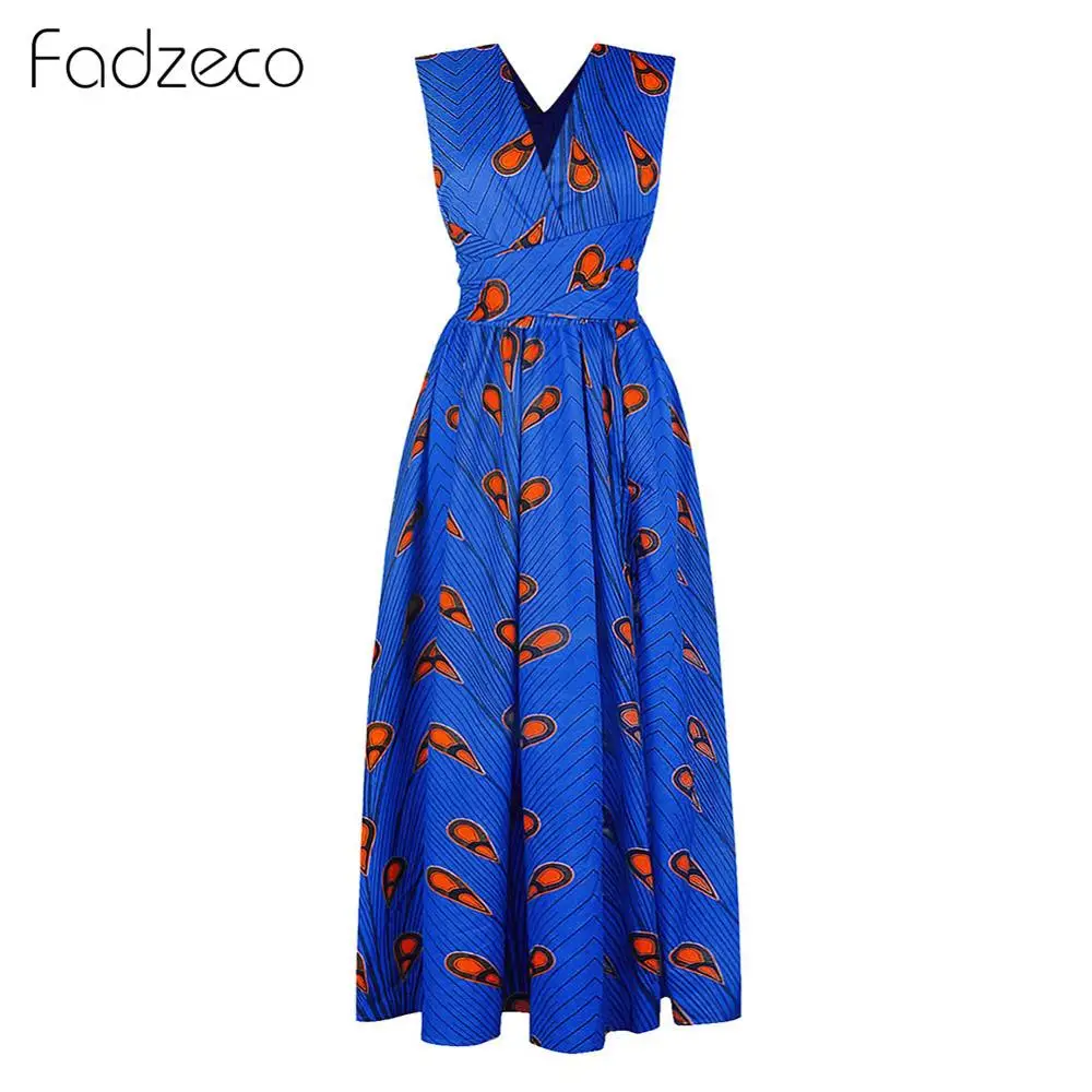 Fadzeco африканские платья для женщин Дашики Базен Riche Флористический с высокой талией с разрезом сбоку Длинное Макси платье с этническим принтом Анкара Платье - Цвет: BU1