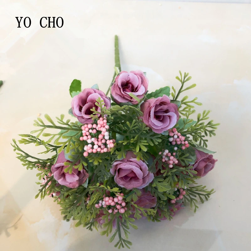 YO CHO 15heads Silk Tea Roses Flower Bride Bouquet for Christmas Home Wedding New Year Decoration Fake Plants Artificial Flowers
