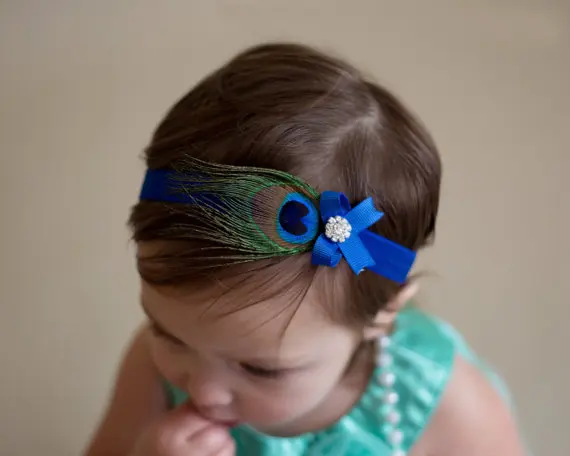 

Baby Headband Peacock Feather Rhinestone Princess Elastic Hairband Baby Girls Kids Ribbon Bow Infant Newborn Toddler Headdress
