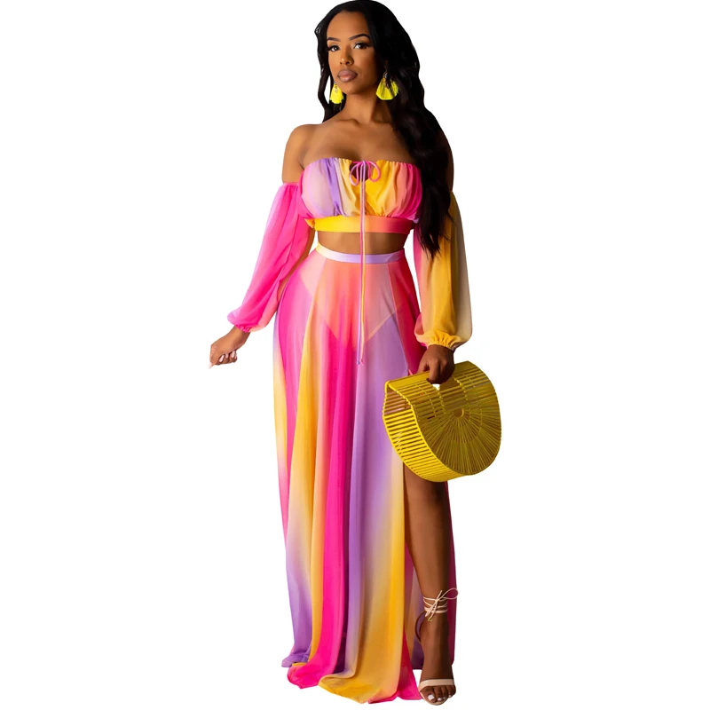 

Summer new printed chiffon dress three-piece split sexy tube top fashion casual dress set