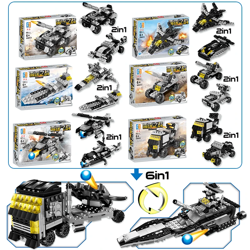 

6 in1 City Military Series Trucks Helicopter Tank Vehicles Model Building Blocks Brick Sets Toys For Educational Children Gift