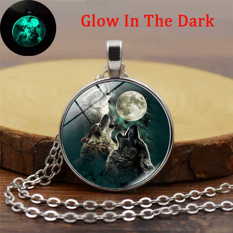 

XUSHUI XJ Howling Wolf Moon Luminous Necklace Glass Cabochon Glow In The Dark Jewelry Silver Long Chain Neckalce Men Women Gifts