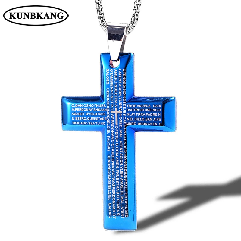 

New Cross Necklaces Pendants Blue Color Stainless Steel Crucifix Bible Prayer Necklace Chain For Men Hip Hop Cross Jewelry Gift