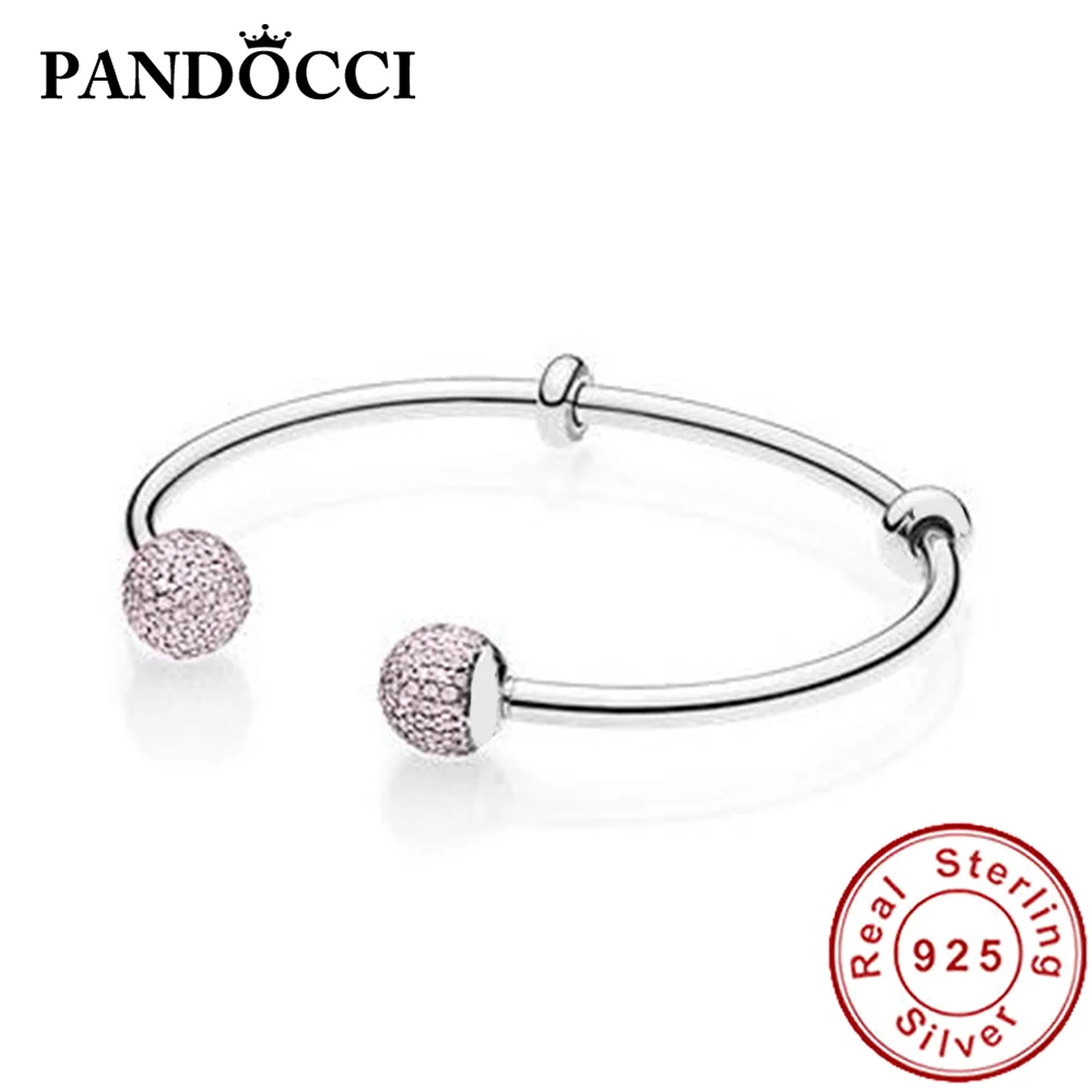 

FAHMI 100% 925 Sterling Silver 1:1 Original 596438PCZ MOMENTS SILVER OPEN BANGLE WITH PAVE CAPS Pink Women's Jewelry Mystery