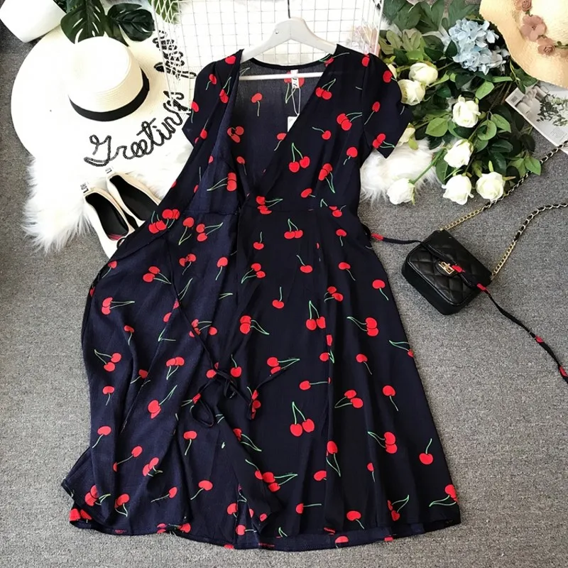 Модное летнее платье с вишневым принтом и глубоким v-образным вырезом, vestidos, платье миди с короткими рукавами, повседневные платья с завязками на талии