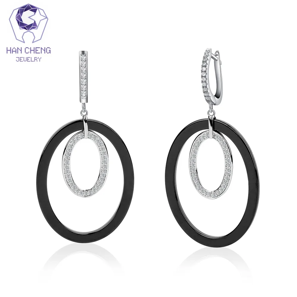 

HanCheng New Silver Plated Dangle Hanging Zircon Gem Stone Ceramic Round Long Drop Earrings For Women Jewelry brincos bijoux