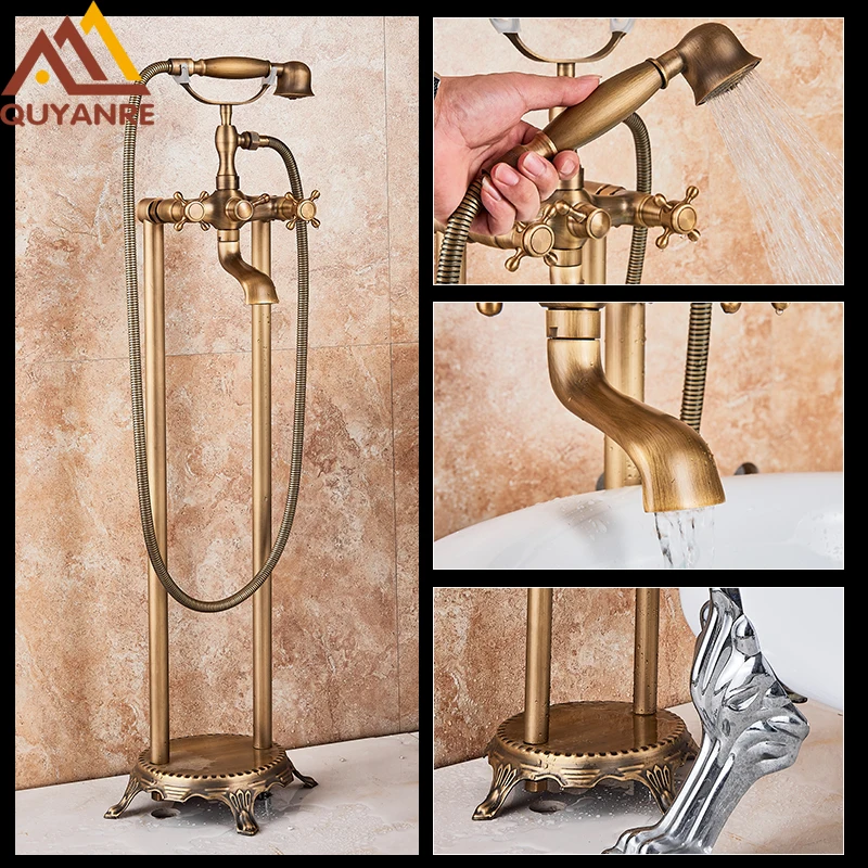 Quyanre Antique Brass Bathtub Shower Faucet Set Brass Handshower Dual Knobs Mixer Tap Swivel