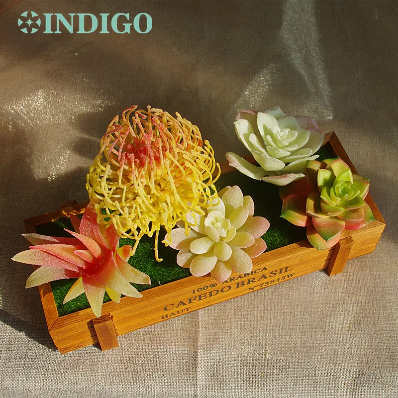 INDIGO- Yellow Artificial Succulent Plant (5pcs Succulent +1 Wood Tray)/Set Flower Bonsai Table Decoration Plant Free Shipping INDIGO- Yellow Artificial Succulent Plant (5pcs Succulent +1 Wood Tray)/Set Flower Bonsai Table Decoration Plant Free Shipping