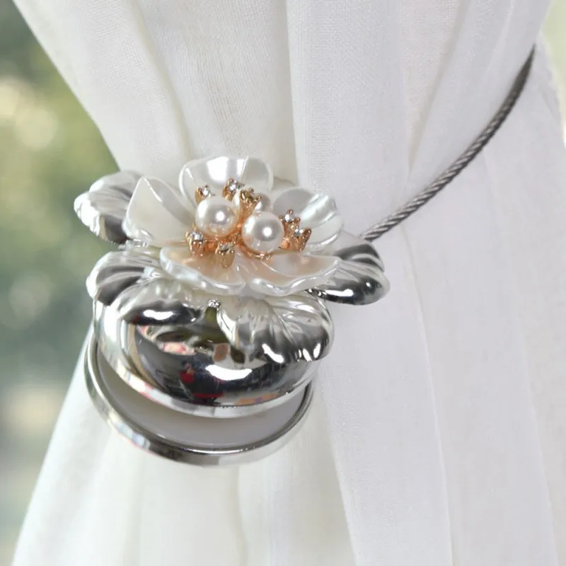 

Curtain Tieback European Style Pearly Flower Pattern Stainless Steel Rope Tie Holdback Hook Indoor Home Decor Tool