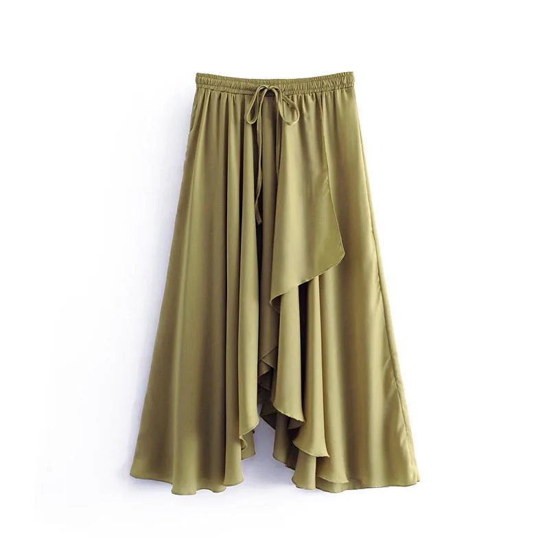 

QZ116 New Elastic Waist Army Green Color Silk Feeling Asymmetrical Design Skirt Chic Match All Skirts