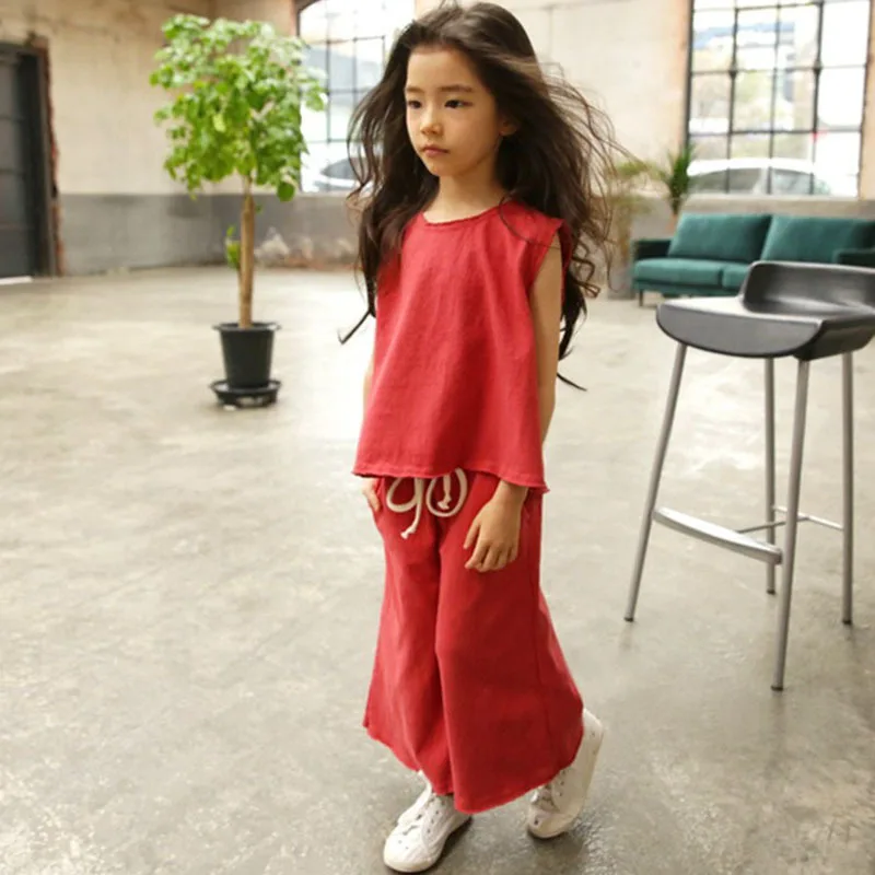 

Cotton Girls Summer Sets Kids Suits Loose Pants Baby Big Girls Set Summer 2018 New Sleeveless Vest Wide Leg Pants Set 2-16 year