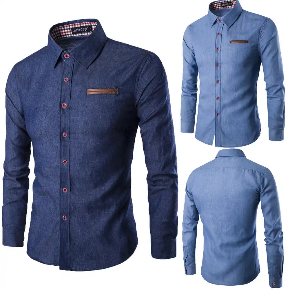 Men S Casual Slim Fit Stylish Wash Denim Long Sleeves Jeans Shirts