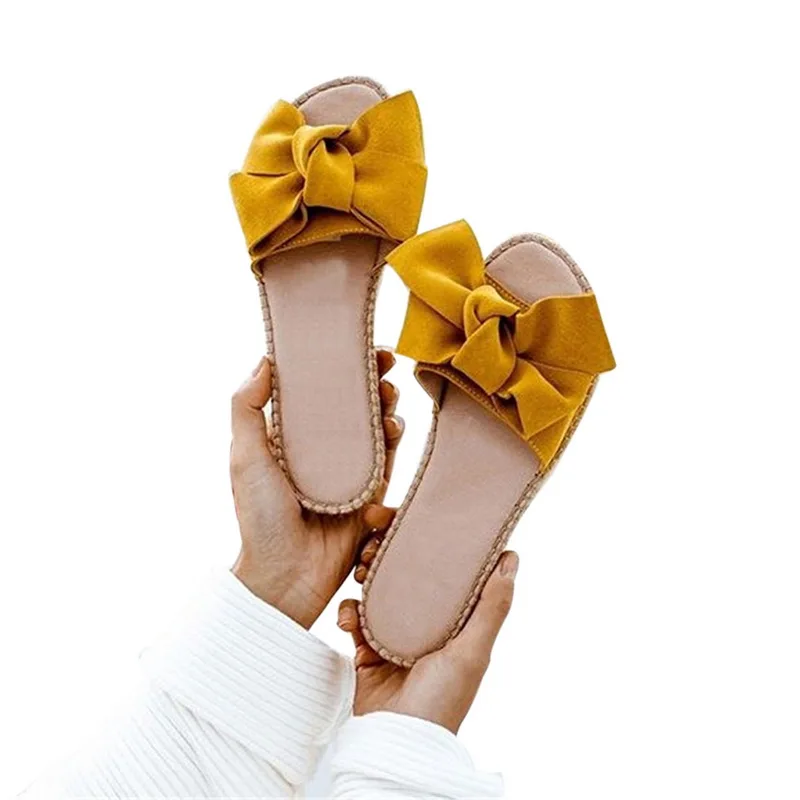 Тапочки; женские сандалии с бантиком; тапочки для дома и улицы; льняные Вьетнамки; пляжная обувь; женская модная обувь с цветочным рисунком - Цвет: Yellow