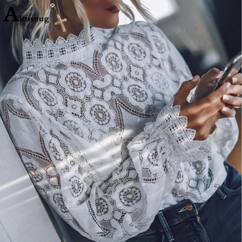 Aimsnug Elegant White Lace Shirt Sexy Hollow Out Embroidery Feminine Blouse Women Blouse Long Lantern Sleeve Summer Female Tops lace hollow bowknot blouse