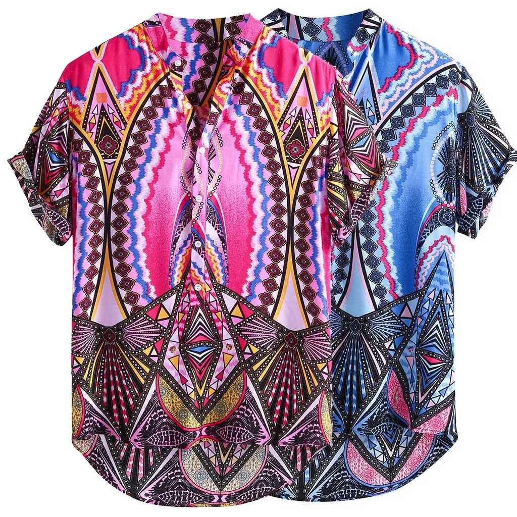 New Stylish Hauts pour hommes Mens Pure Cotton Colorful Printing Loose Stand Collar Pullover Short Sleeve Shirt Ropa de hombre