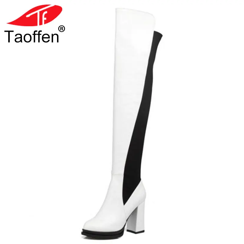 

Taoffen Warm Winter Thick High Heel Slip On Over The Knee Boots Fashion Mixed Colors Platform Women Thigh Boots White Red Black