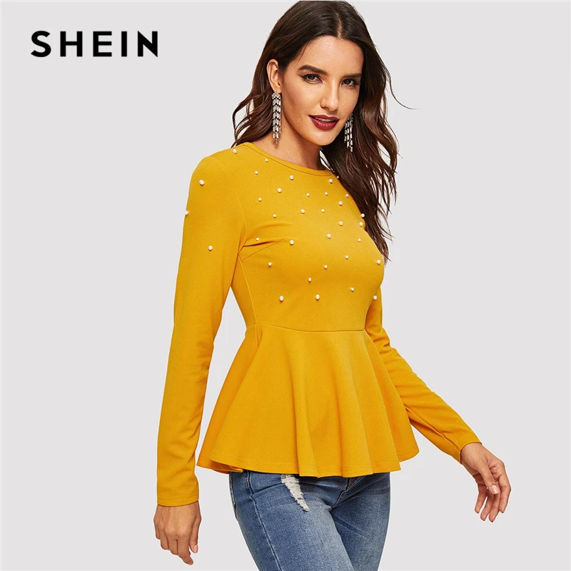 

SHEIN Ginger Pearl Embellished Peplum Top Flared Hem Round Neck Long Sleeve Blouse Women 2019 Elegant Plain Autumn Blouses