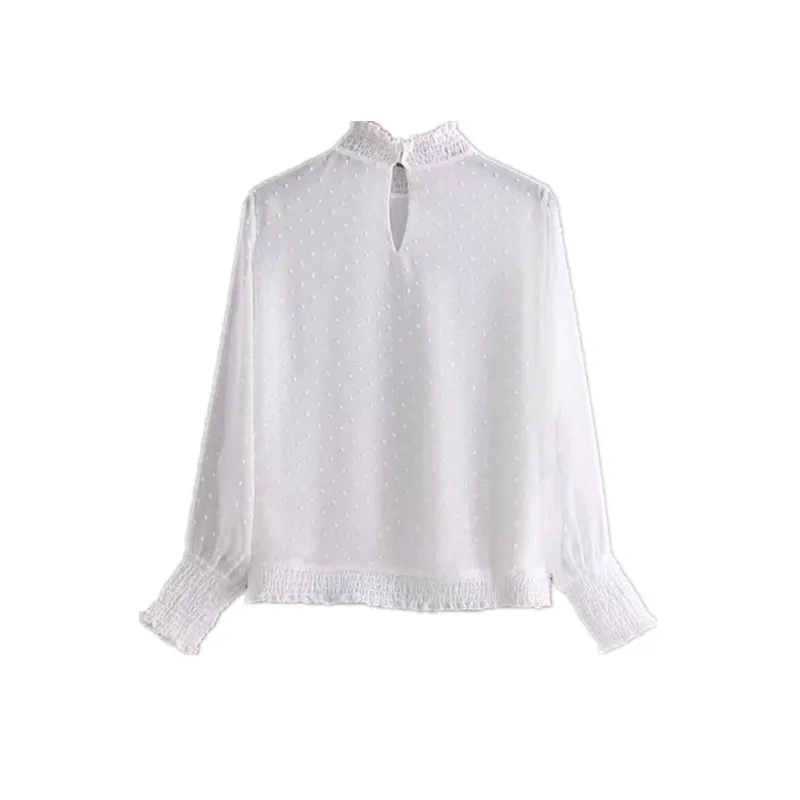 Mujeres blanco Blusa de gasa Polka Dot camisa soporte collar cuello elástico cuff hem Ladies Basic Top manga larga ropa mujer blusas