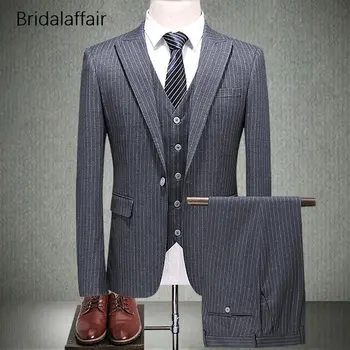 

KUSON Slim Fit Male Suit Set 3Pcs Grey Wedding Man Suit Luxury Stripes Printed Groom Tuxedos Mens Suits 2018 (Jacket+Vest+Pants)