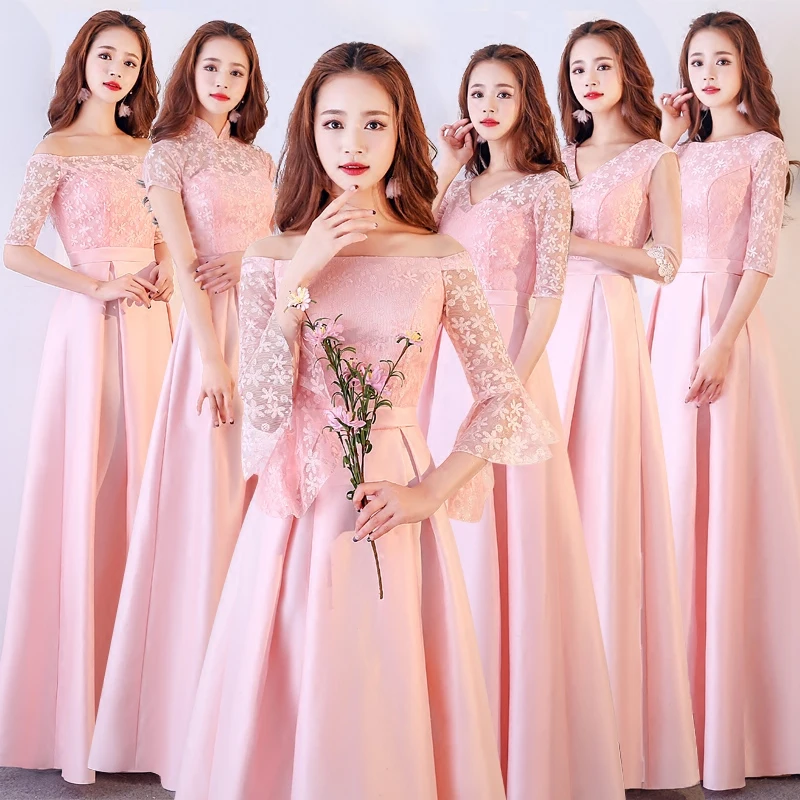 

Pink long half sleeve sweet lady girl women princess bridesmaid banquet party dress gown