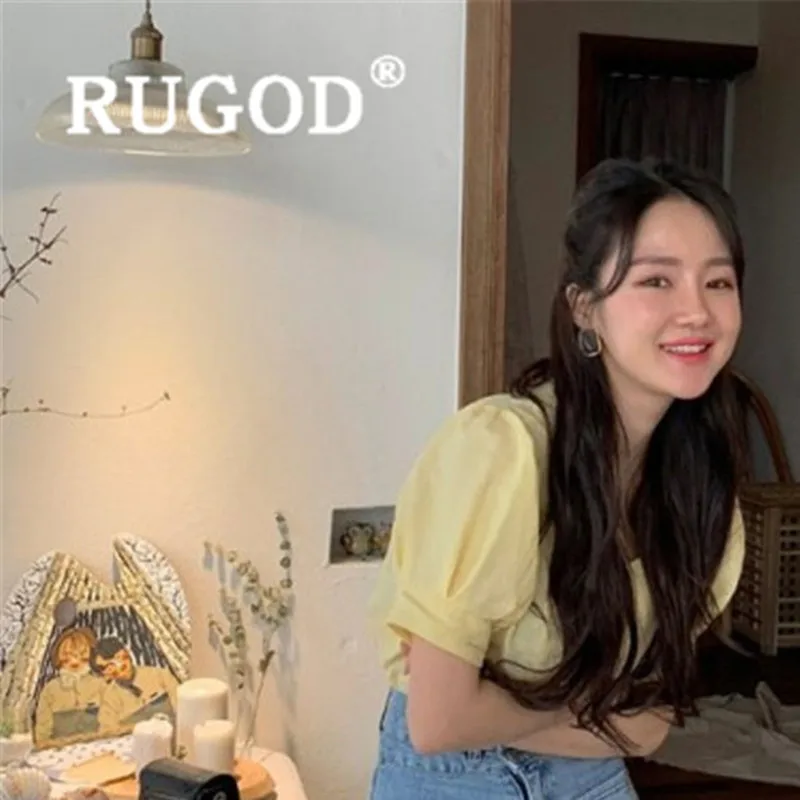 RUGOD Корейская желтая блузка с пышными рукавами летние женские топы и блузки Милая однобортная тонкая блуза с квадратным воротником