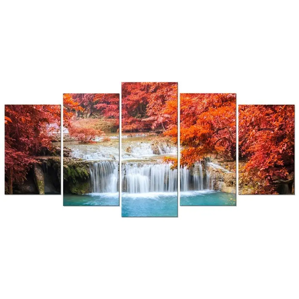Pyradecor Red Forest Waterfalls Canvas Prints Wall Art Tree Pictures Paintings for Living Room Bedroom Home Decorations Modern 5 Panels Stretched and Framed Giclee Pretty Landscape Artwork