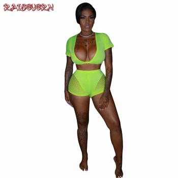 

RAISEVERN Women Mesh Pactchwork Short-Sleeve Sexy Deep V-Neck Top+Grid Shorts Casual Sports Two-piece Suit Lady Solid Slim Sets