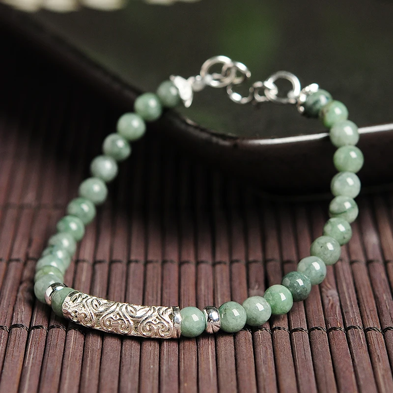 

Original beads Natural Jade Beads Bracelet Burmese jade Hand string silver bend jade Round bead bracelet Women's money