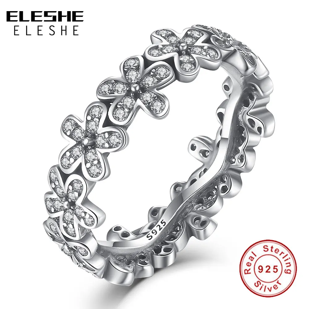 

ELESHE Real 100% 925 Sterling Silver Rings for Women Dazzling Daisy Ring With Clear CZ Anniversary Wedding Jewelry Gifts Rings