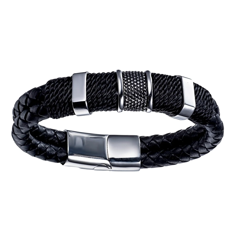 Casual Black Rope Chain Men Bracelets Simple Leather Knot Stainless Steel Buckle Bangle Male Wrist Chain Gift for Boy friend (5)