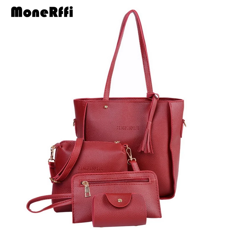 

MoneRffi Women Four Set Handbag Shoulder Bags Solid Color Zipper Tote Crossbody Wallet Lady Tote Purse Messenger Satchel Set