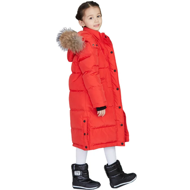 Пуховик для мальчиков и девочек с меховым воротником, утолщенное Модное детское зимнее пальто больших размеров до колена, пуховик